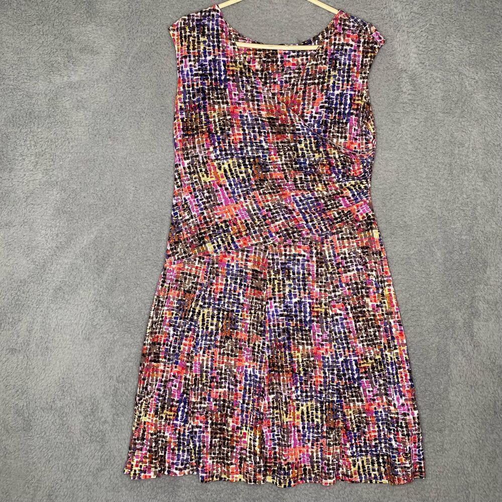 Nic+Zoe womens sleeveless colorful geometric rainbow faux wrap gathered dress L